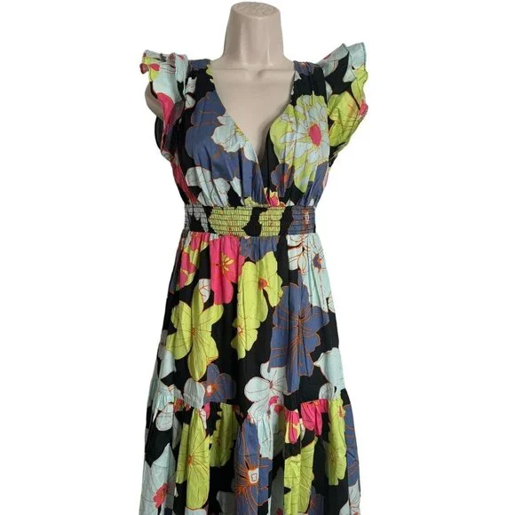 ModCloth Honolulu floral black ruffle cap sleeve tiered maxi dress Size XS NEW - Picture 7 of 14